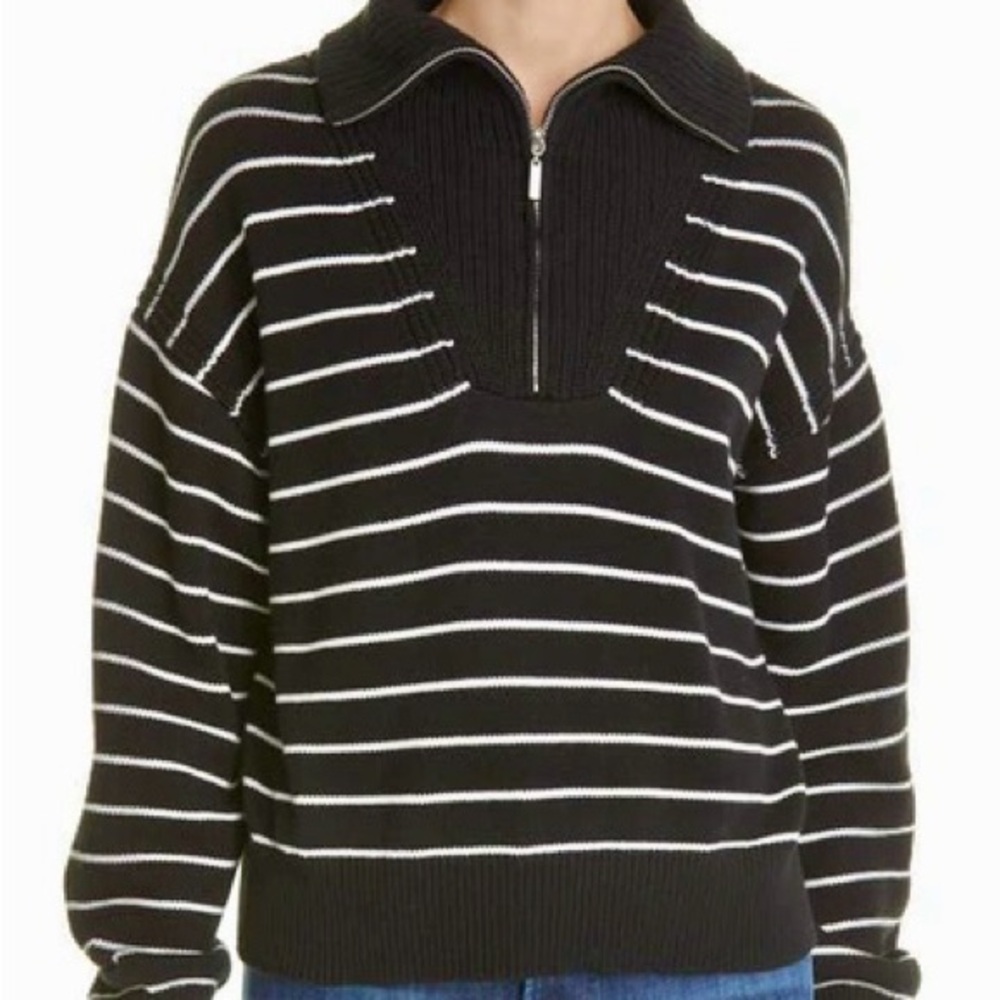 La Ligne Striped Half-Zip Cotton Cropped Sweater in Black/White - Size Medium